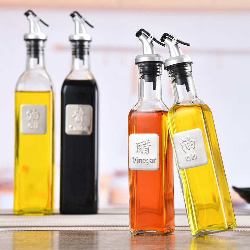250ml 16 Oz 500ml Empty Kitchen Square Vinegar Glass Cooking Olive Oil Bottle with Pourer Spout for Condiment Soy Sauce