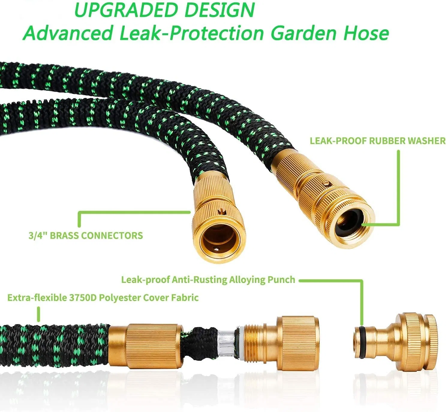 Abrasion Resistant Reinforced Outer Layer Expandable Garden Hose with Metal Guard Connectors Spray Nozzle for Rough Terrain