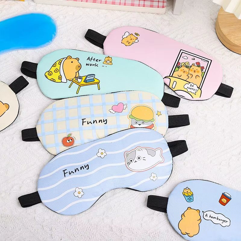 Wholesale Cute Cartoon Pink Blue Comfortable Custom Polyester Travel Cute Smile Print Sleep Eye Mask Eye Shade