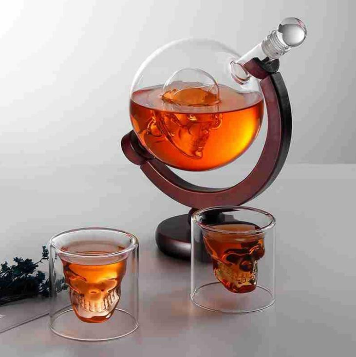 Glass Wine Whiskey Bottle Decanter Set with Skull Cups