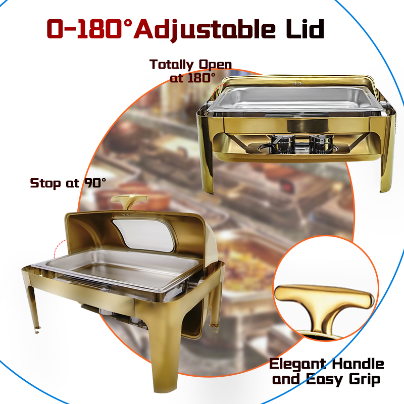 Daosheng Bespoke Export Buffet Catering 9 Liter Stainless Steel Gold Color Chaffing Dishes Buffet Set Food Warmer