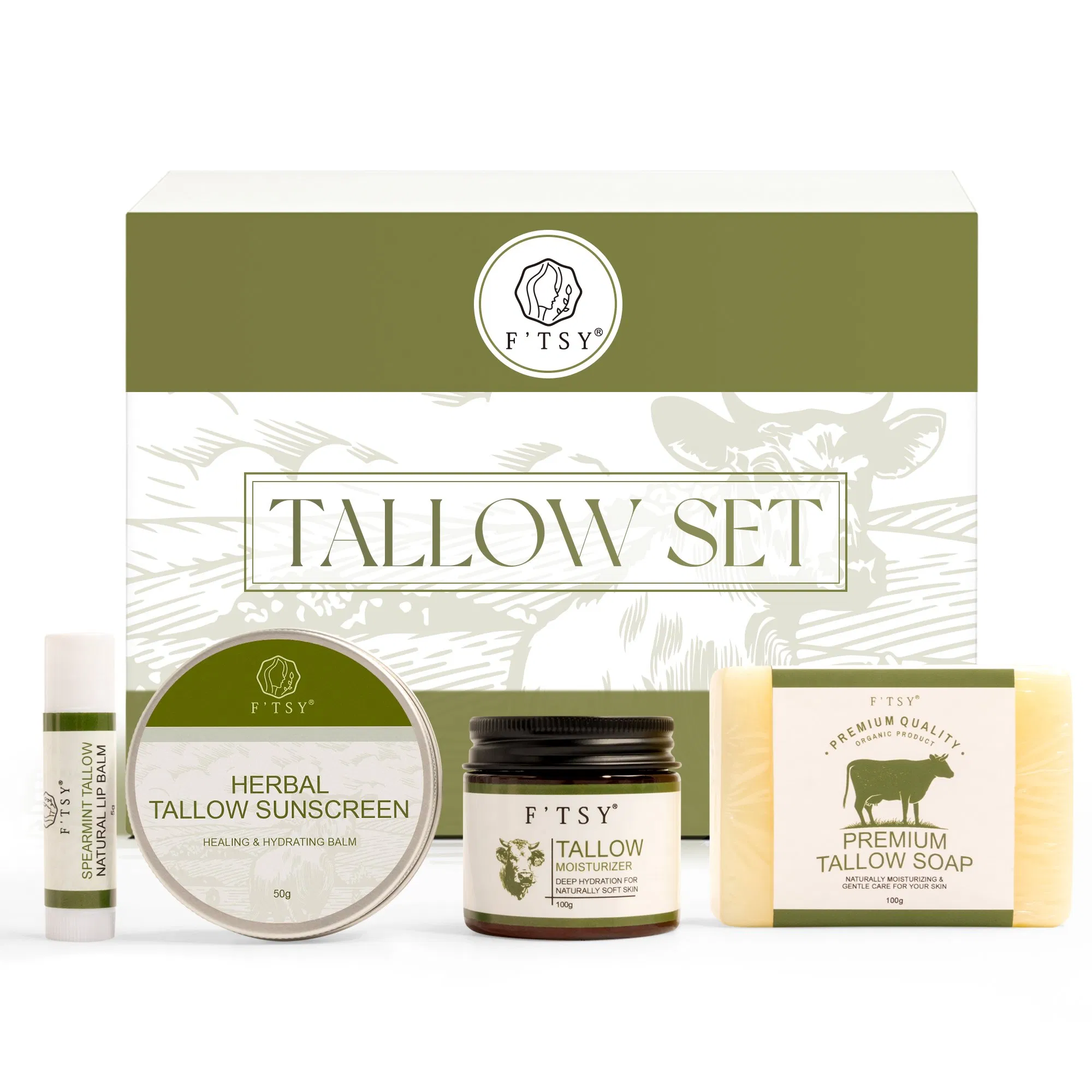 Wholesale Skin Care Natural Beef Tallow Honey Facial Kit Moisturizer Sunscreen Balm Lip Balm Soap 4 in 1 Tallow Skin Care Set