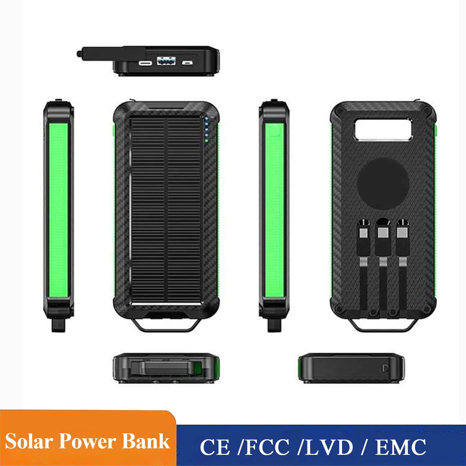 10000mAh Dual USB Ports Waterproof Outdoor Camping Solar Power Bank Phone Charger with Type-C DC Input External Backup Power Bank for Cell Phones