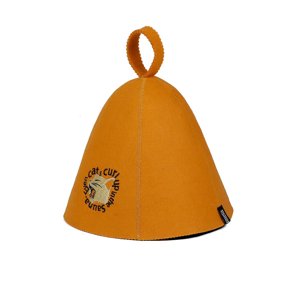 Banya Hat Custom Cat - Embroidered Natural Wool Felt Sauna Cap for Shower & Sauna Use
