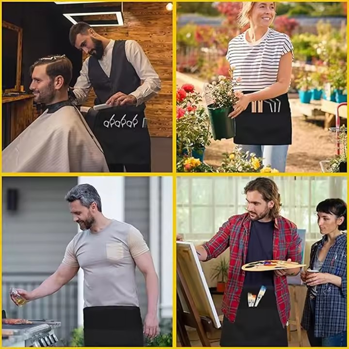 Custom Polyester Waist Sleeveless Server Aprons Women Men 3 Pockets Waiter Half Short Apron