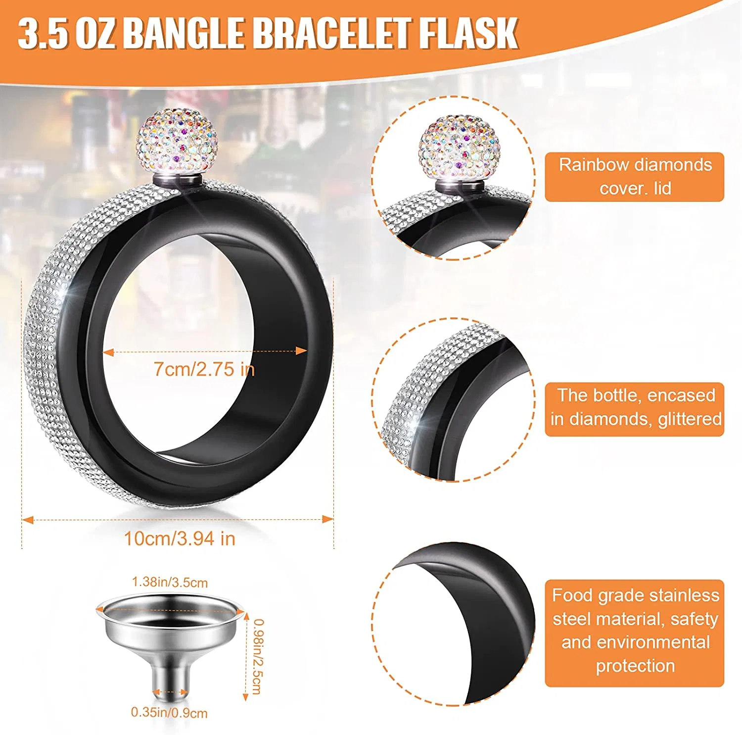 3 Oz Bracelet Bangle 304 Stainless Steel Hip Flask with Rhinestone for Basil Hayden Forest Whisky