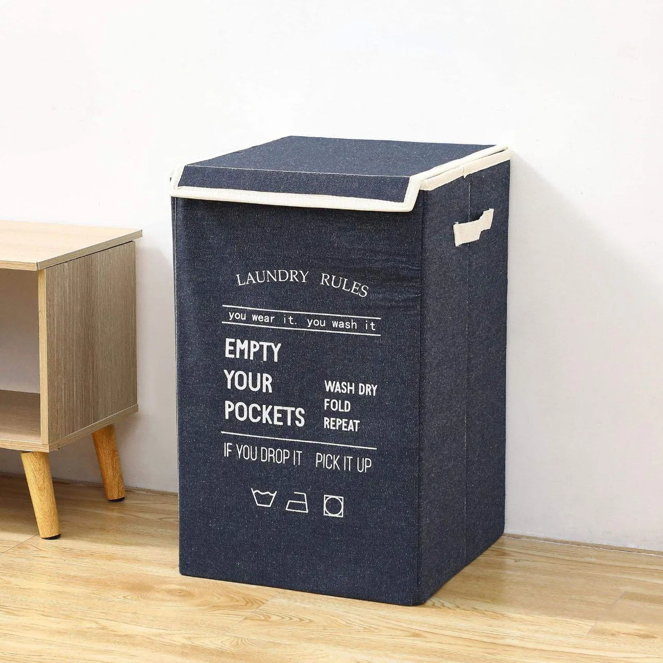 Foldable Floor-Standing Laundry Basket with Lid for Bathroom Bedroom