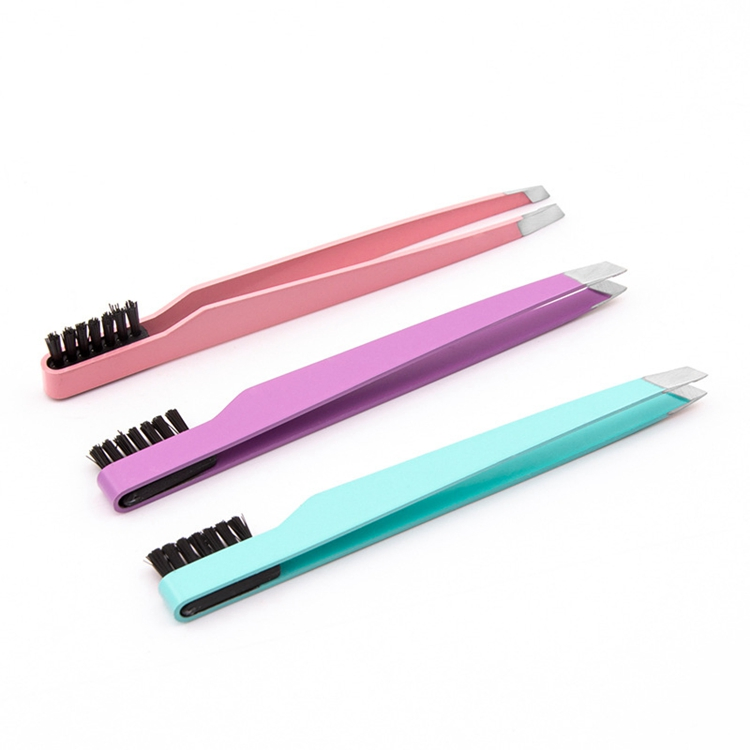 Wholesale Custom Private Label Stainless Steel Eyebrow Brow Hair Slant Tweezers with Brush
