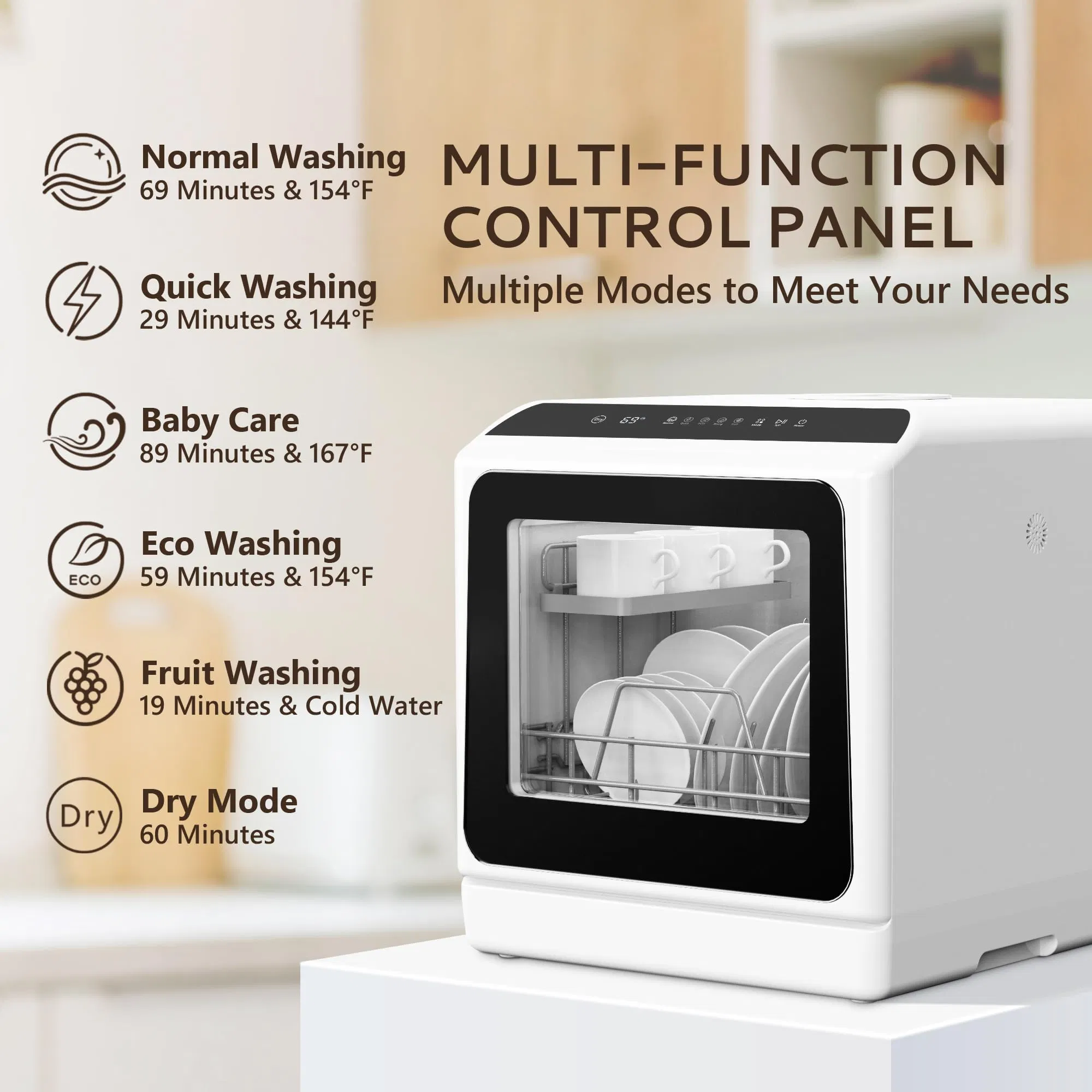 Compact Countertop Dishwasher with 5 Wash Programs for Busy Lives