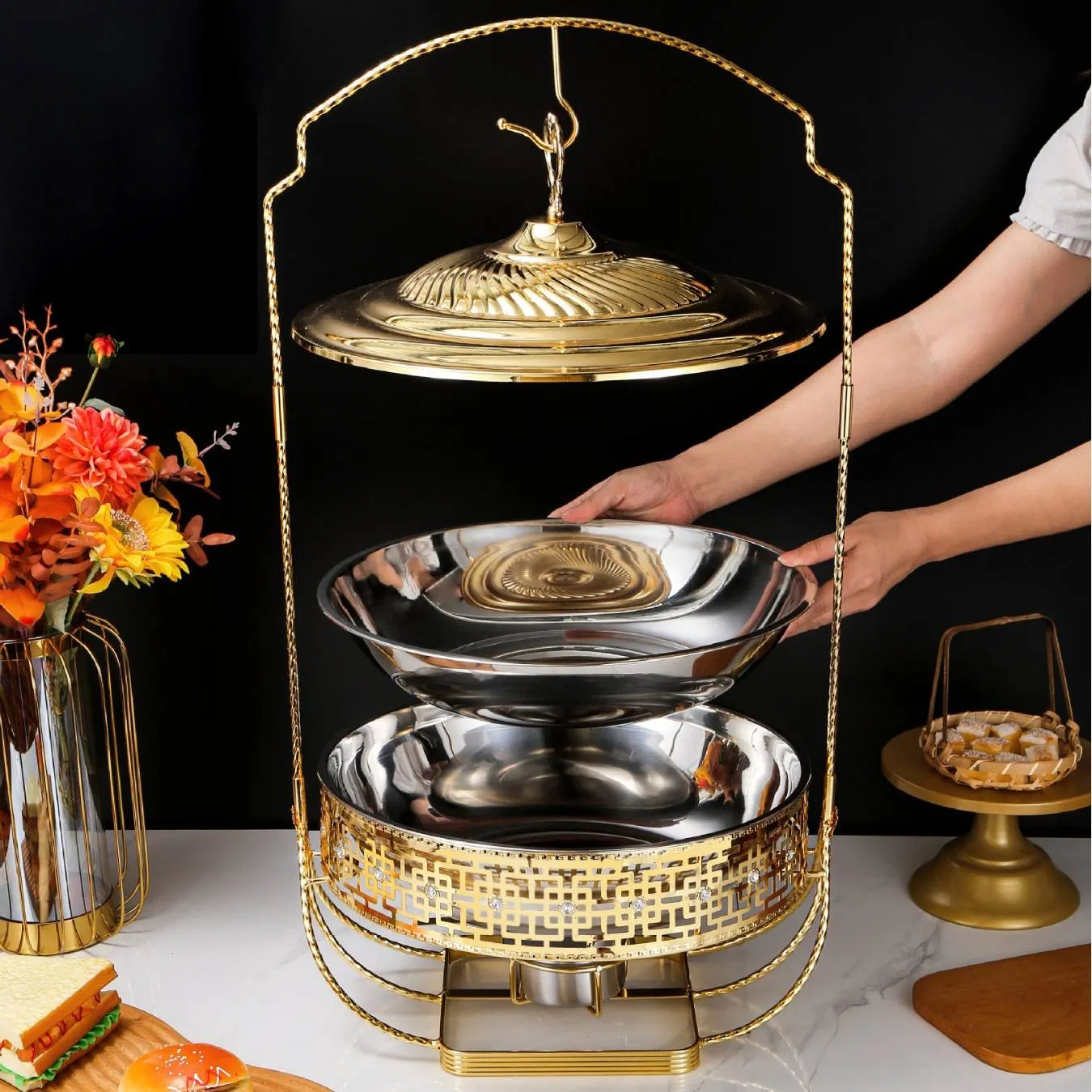 4.5L 6L 8L Stainless Steel Gold Hotel Restaurant Food Large Capacity Hot Pot Catering Buffet