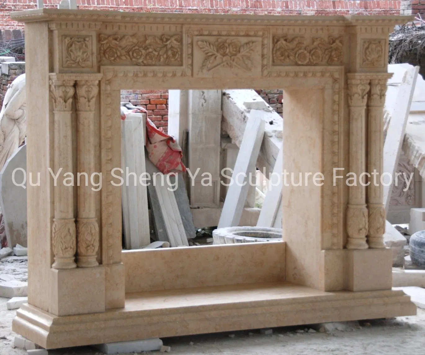 Hand Carved High Quality Antique Beige Marble Fireplace (SYMF-8005)