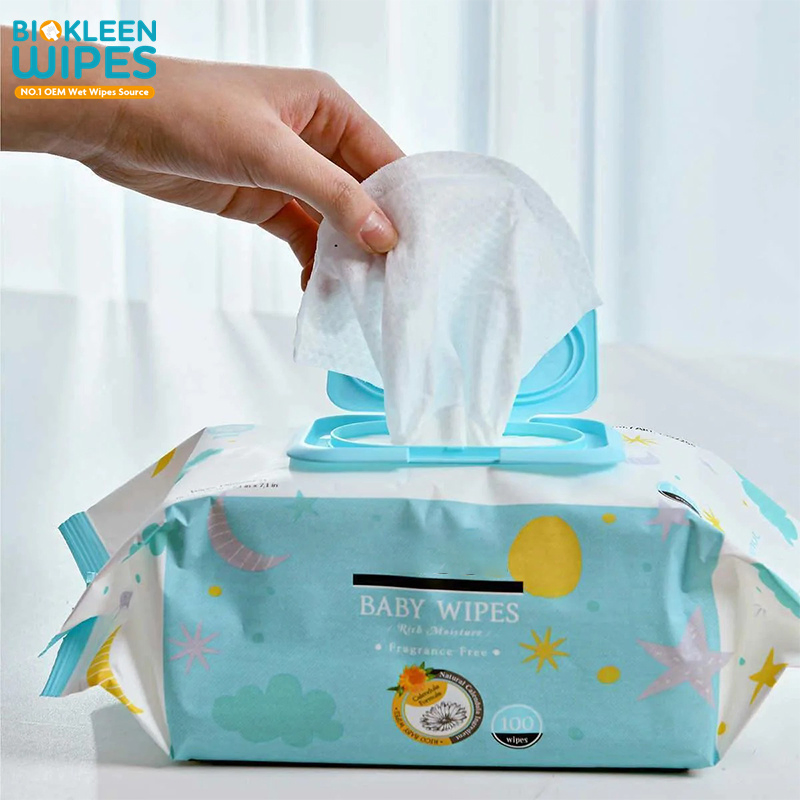 Biokleen Free Samples Private Label 100CT Organic Cotton Biodegradable Wet Tissue Hygiene Eco-Friendly Outdoor 100% Bamboo Baby Wet Wipes