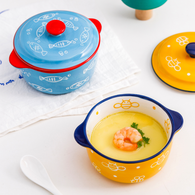 Children Tableware Hand Painted Small Stew Pot Ceramic Binaural Baking Soup Bowl