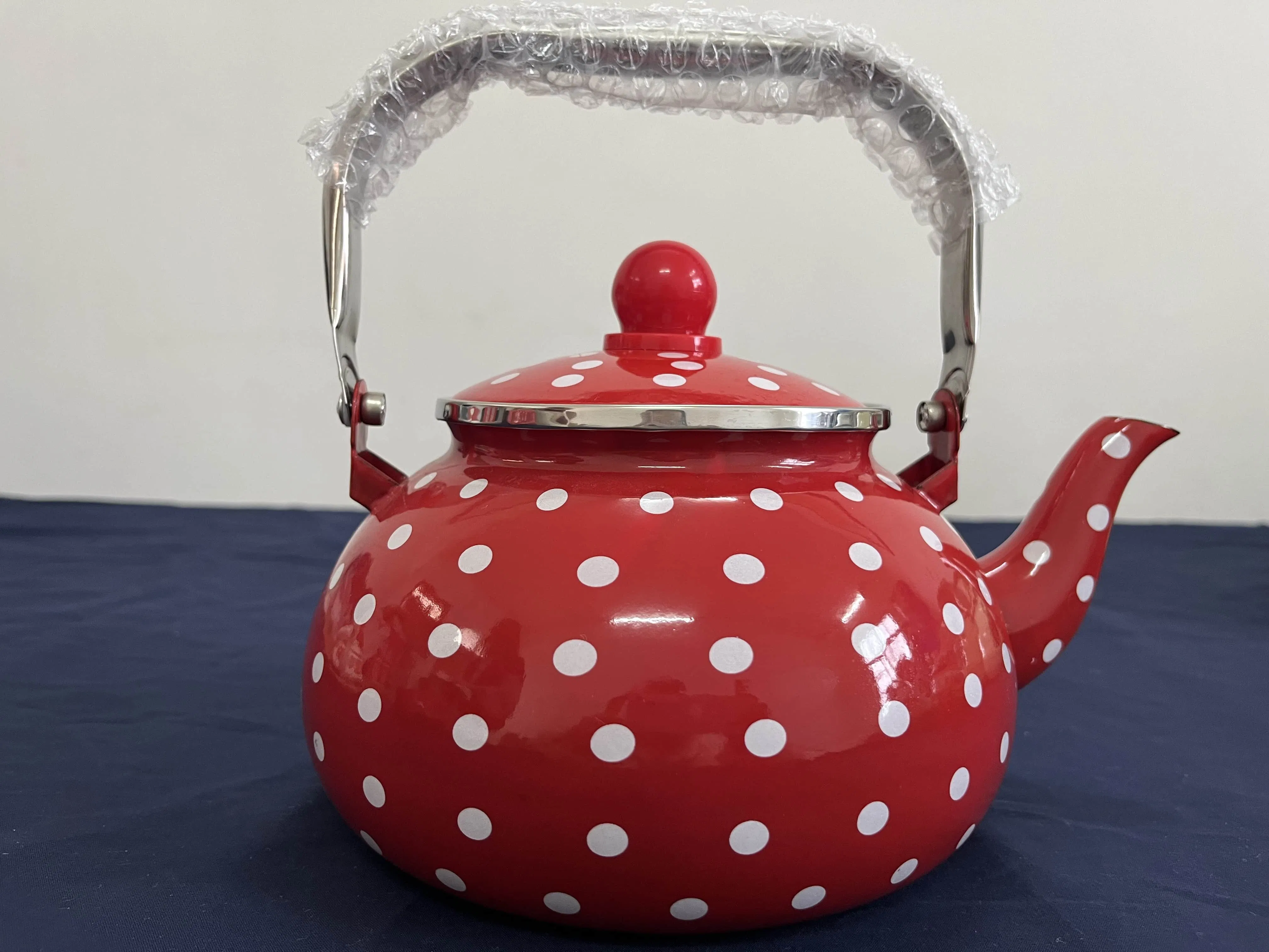 Red Enamel Kettle with White Spots Stainless Steel Handle Round Teapot
