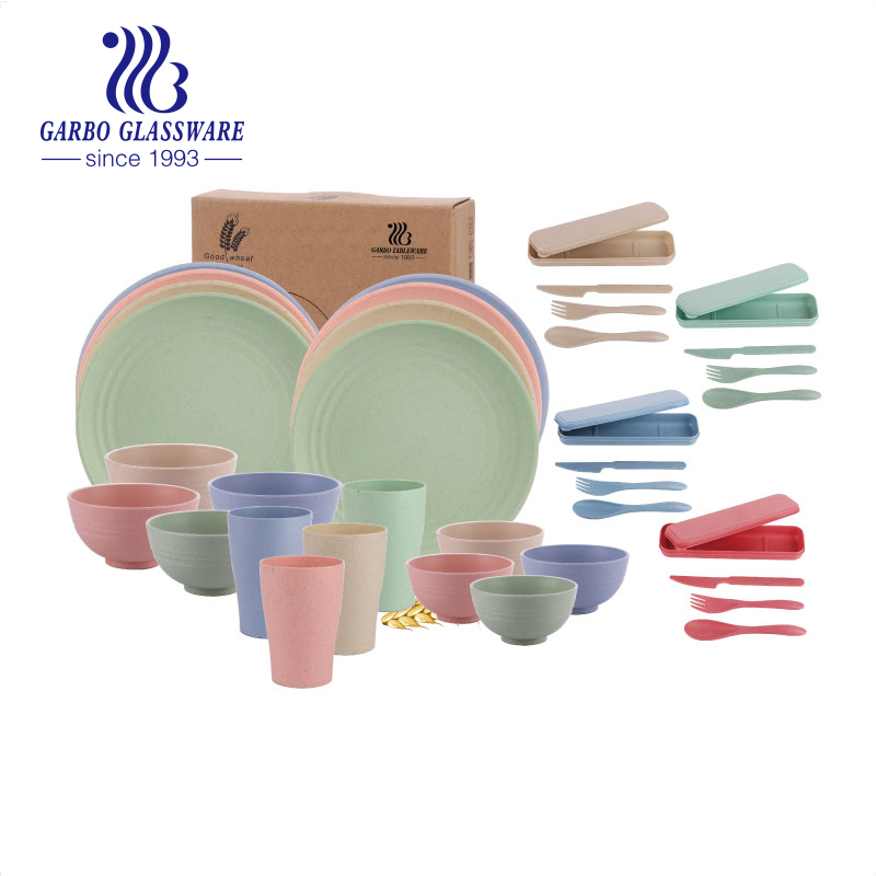 Wholesale Eco Friendly Wheat Straw 16PCS Dinner Set Chopstick Fork Spoon Bowl Plate Dinnerware