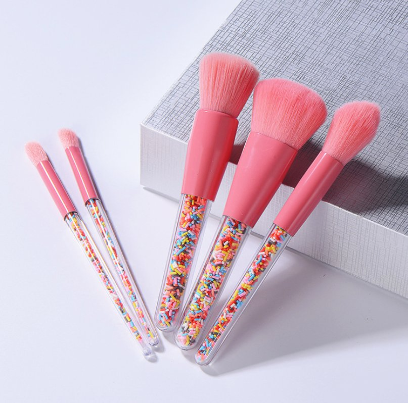 Colorful Candy Inside Transparent Handle Makeup Brush Set for Blush Foundation Eyebrow 5PCS in One