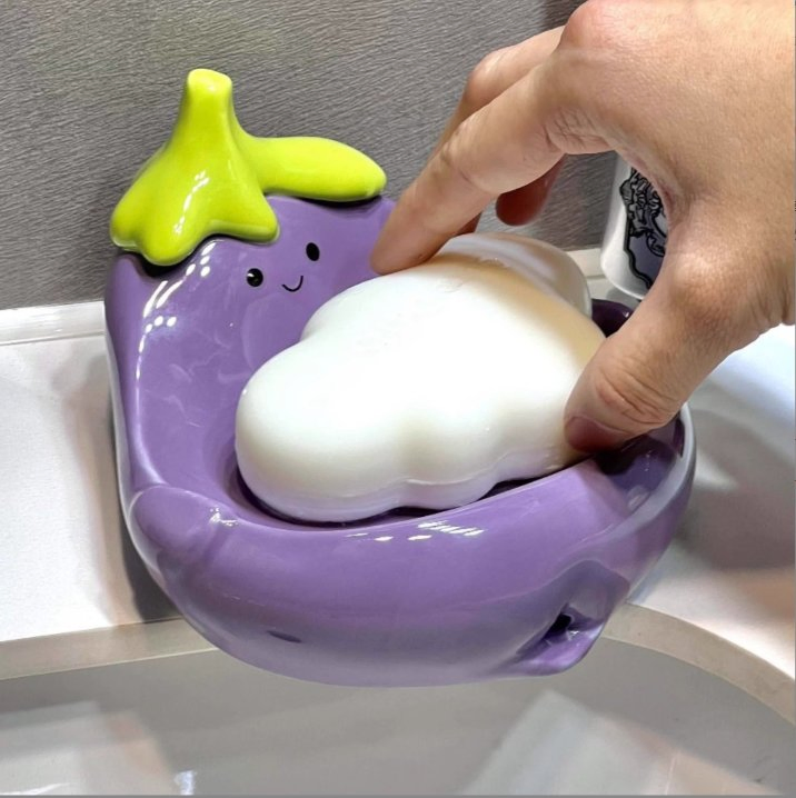 Eggplant Ceramic Soap Dish Drainable Soap Holder for Bathroom Sink,