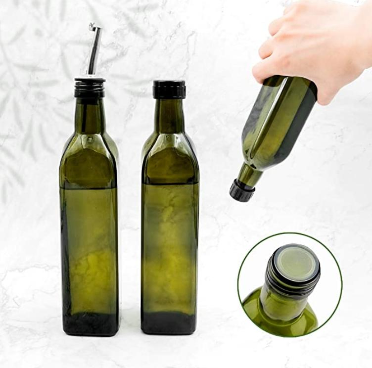 Hot-Selling Square Glass Olive Oil Bottle, Dark Green Camellia Oil Glass Bottle