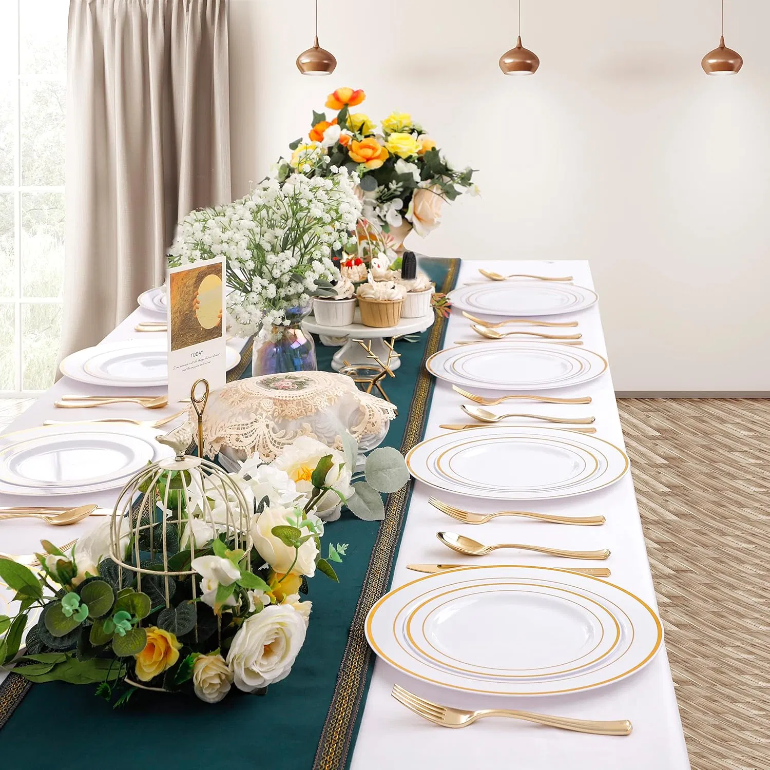 Gold Plastic Plates, Disposable Party Plates White Gold Rim Disposable Gold Dinner Plates 10.25 Inch and Disposable Dessert Appetizer Plates