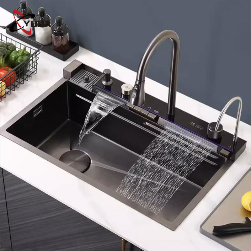 Multi Functional Waterfall Kitchen Sink Nano Black Knife Holder Handmade Kitchen Sink with Cup Washer