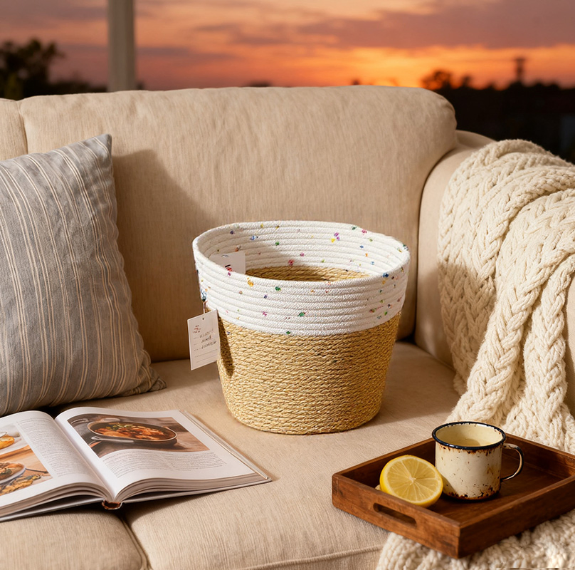 All-Purpose Soft Cotton Storage Basket - Stylish Cotton Rope Storage Basket with White Trim Customizable Durable