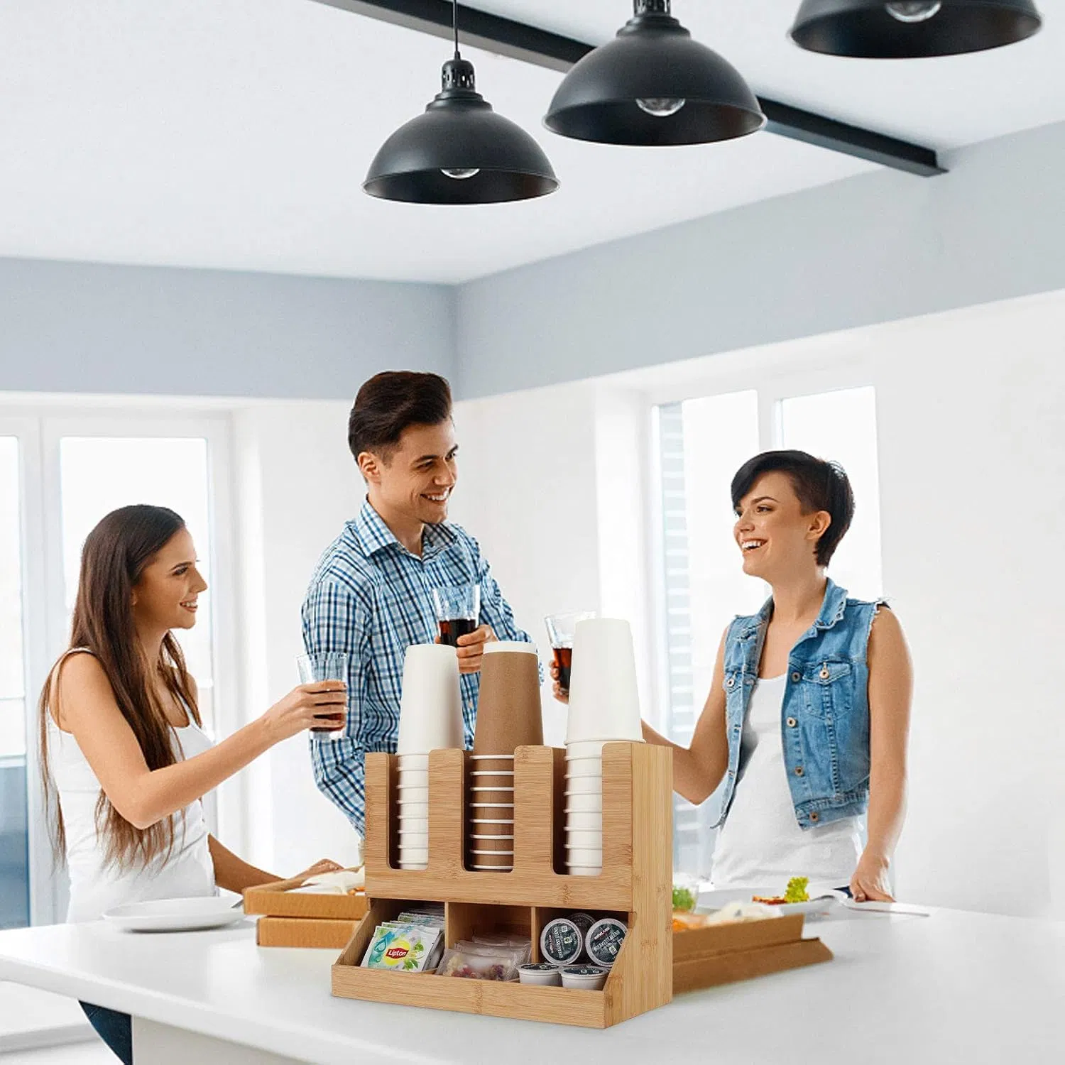 Bamboo Household Office Tea Bag, Coffee Bag, Water Cup Storage Rack