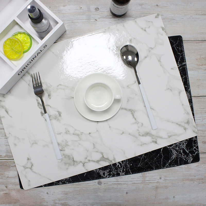 Premium Quality Large Black Marble Dining Table Mat Fadeless Printed Speed PU Placemat/Deskpad Custom Plate Mat Stock Available