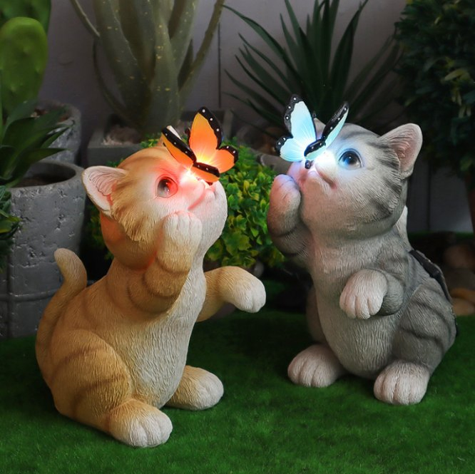 Solar Garden Statue Cute Cat Figurine Fun Color Changing LED Butterfly Light