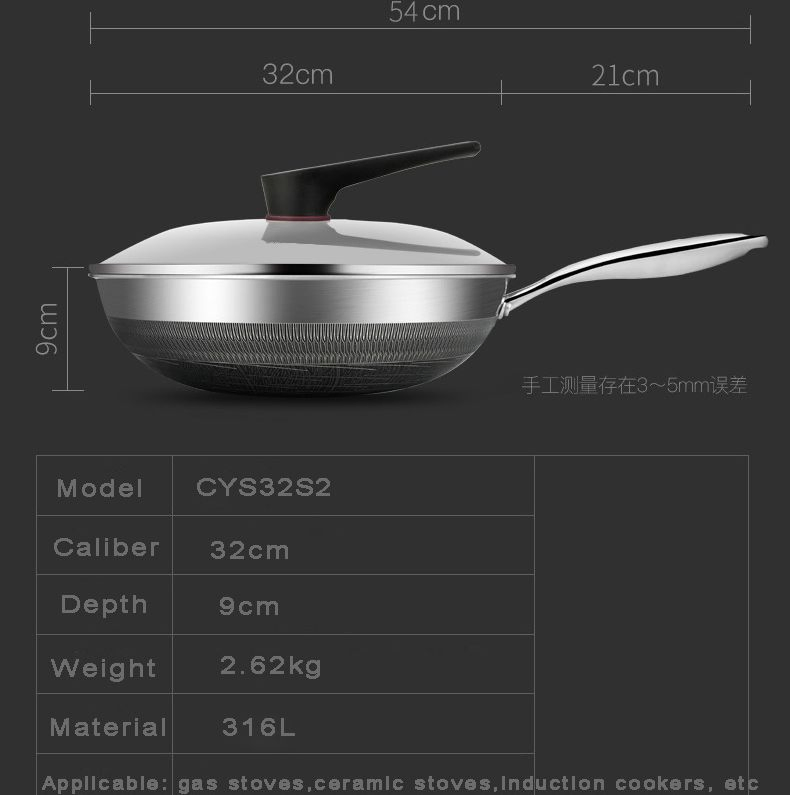 Double Sided Honeycomb 316 Stainless Steel Wok Induction Stove 32cm Cooking Wok