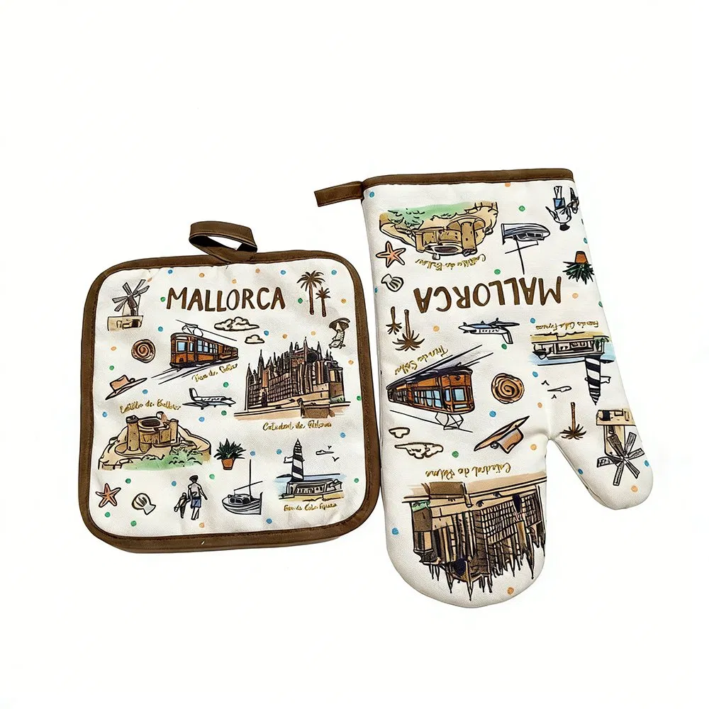 Esun Extra Thicken Long Printing Kitchen Cotton Non-Slip Oven Gloves for Cooking