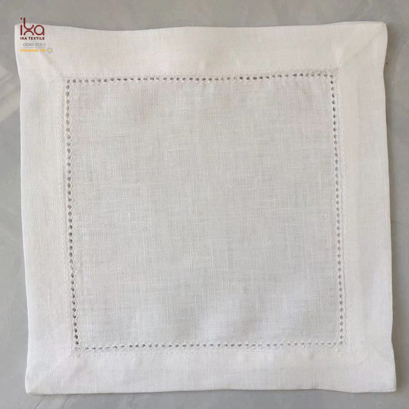 Restaurant Party Table Decorative Personalized Custom Wholesale Hemstitch White Embroidered Pure Linen Square Cocktail Napkins with Logo