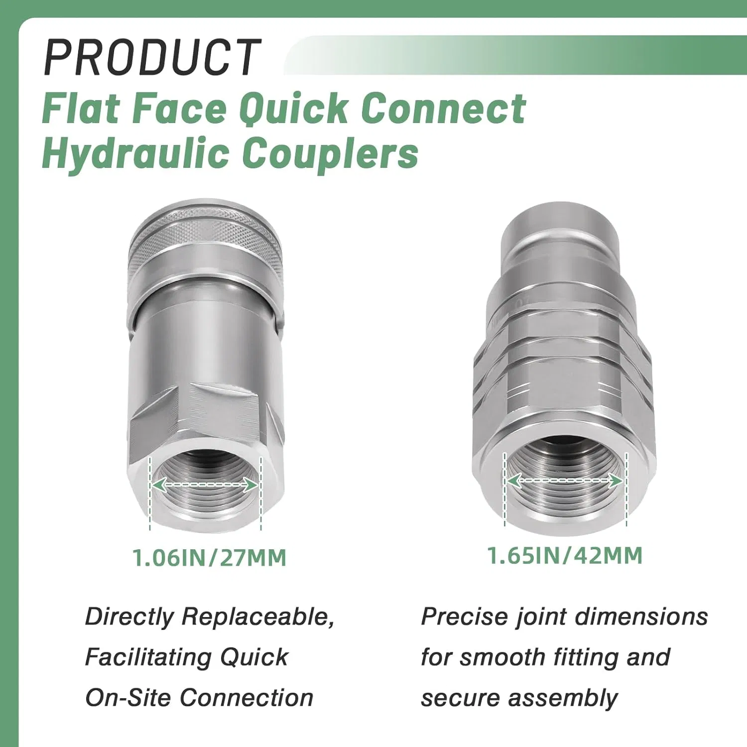 3/4" NPT Flat Face Hydraulic Couplers, Skid Steer Hydraulic Quick Connect Fittings - 3/4" NPT Thread & 5/8" Body ISO 16028 Flat Face Hydraulic Couplings