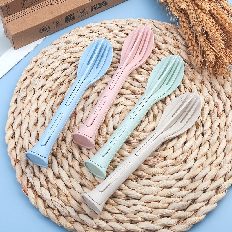 Wheat Element Children's Tableware 3-in-1 Portable Cutlery Knife, Fork, and Spoon