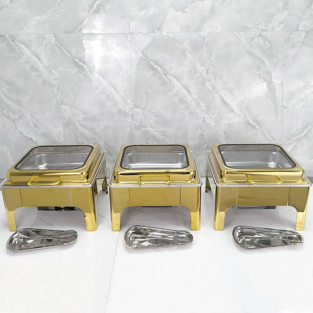 Luxury Commercial Fuel Food Warmer Stainless Steel Chafing Dish Square Glass Lid Modern for Hotel Restaurant Buffets Gold