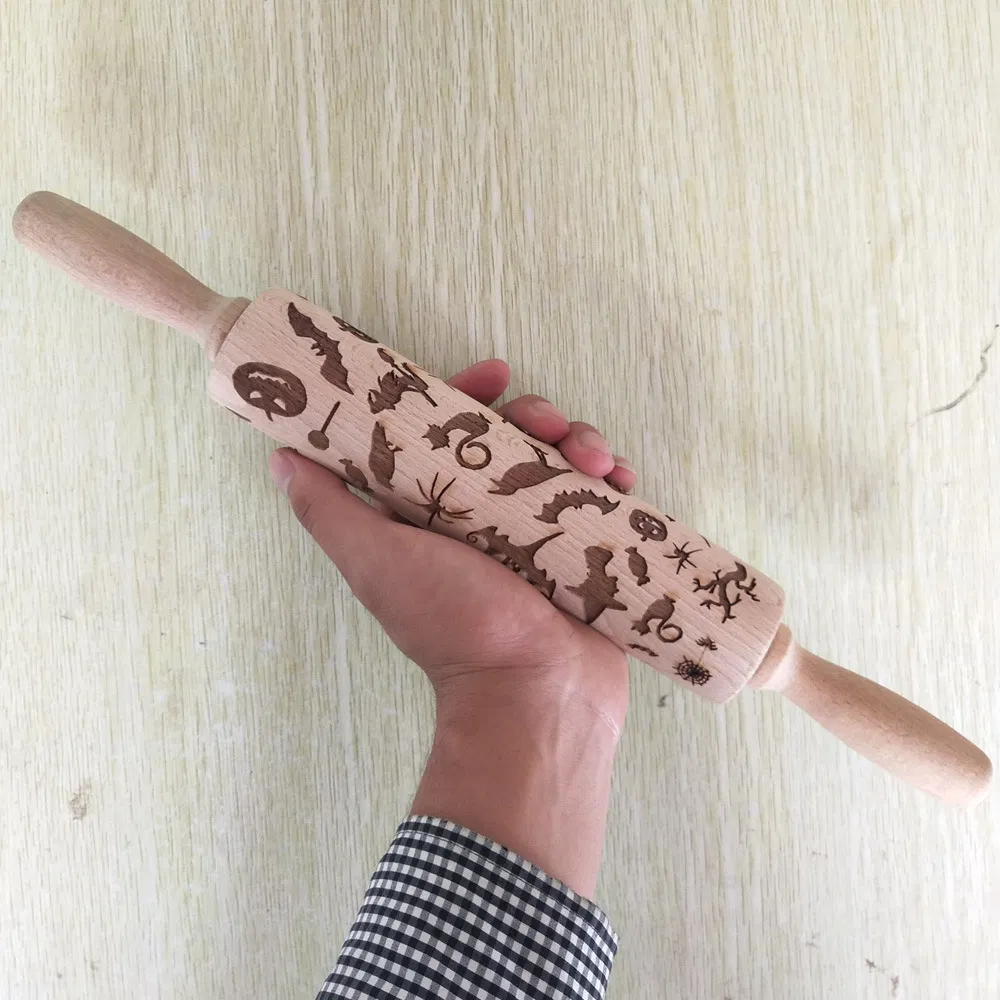 Halloween Wooden Roller Embossing Laser Engraved Rolling Pin