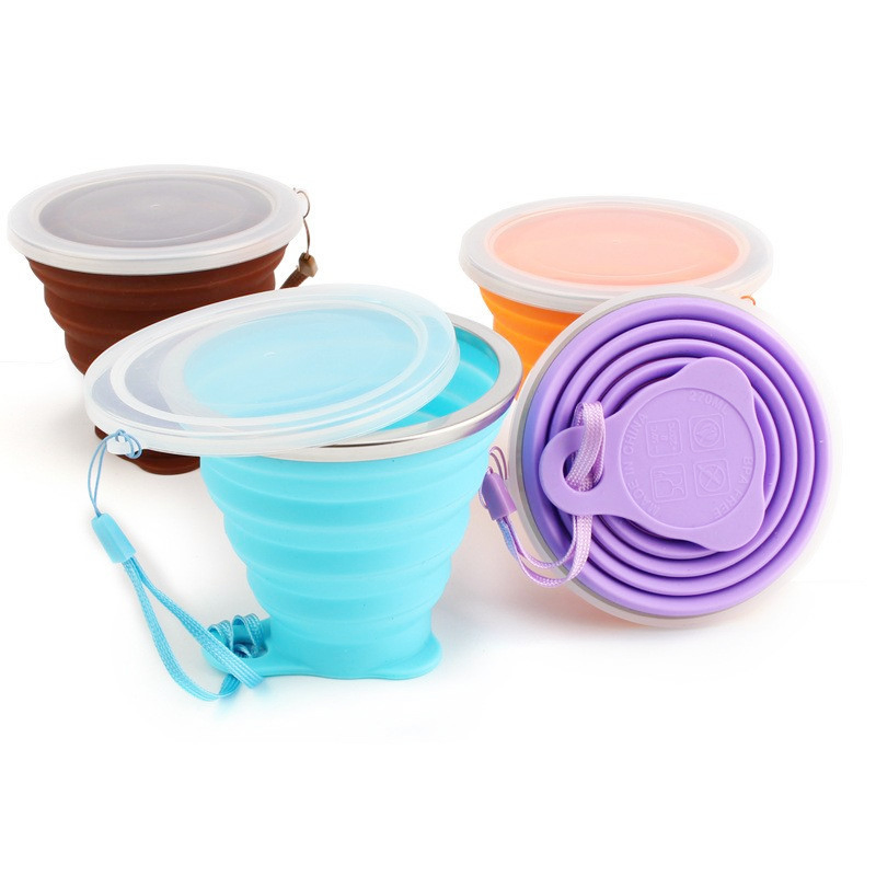 Portable Silicone Folding Cup for Travel. Camping Portable Cup with Hanging Rope and Steel Ring. Food Grade Silicone Folding Cup