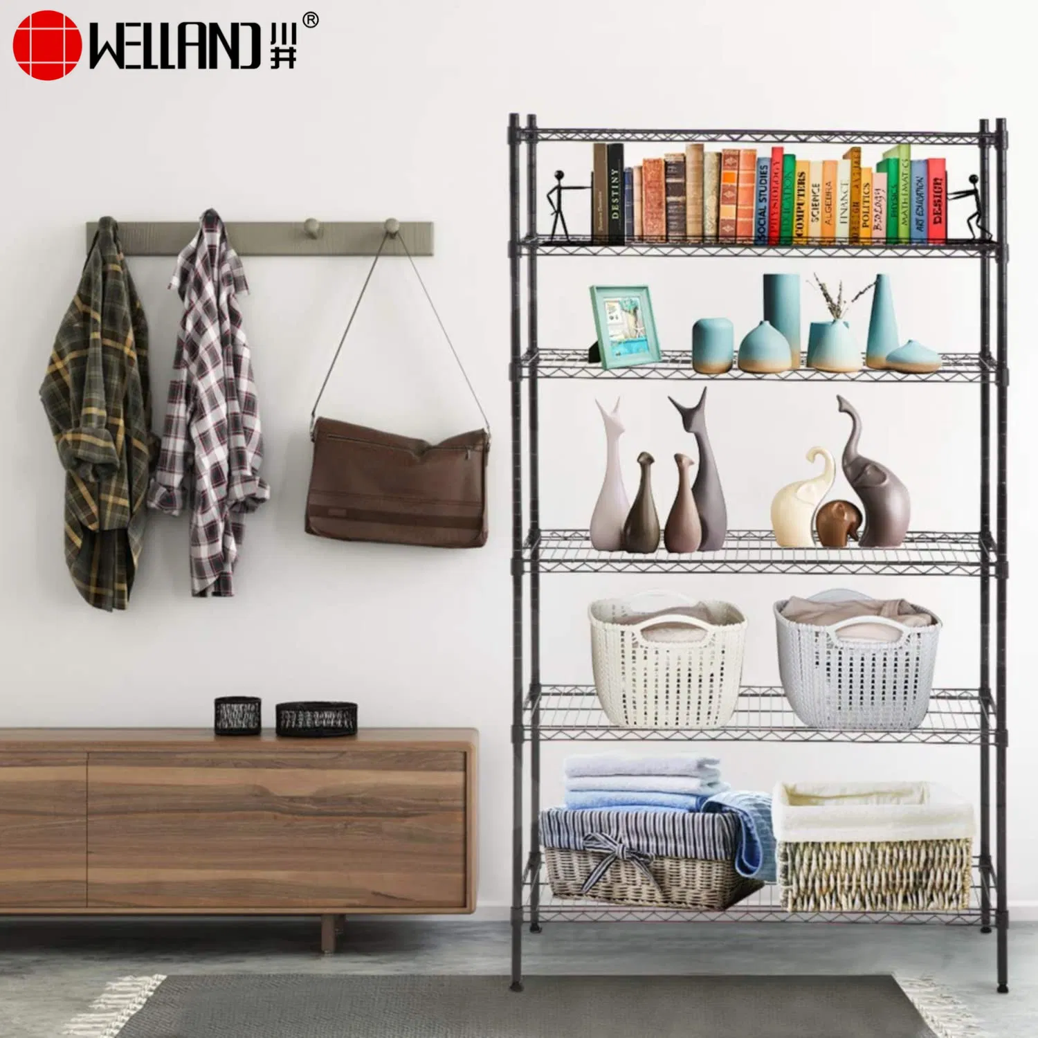 Multipurpose 6 Tiers Heavy Duty Storage Rack Epoxy Metal Wire Frame Shelving