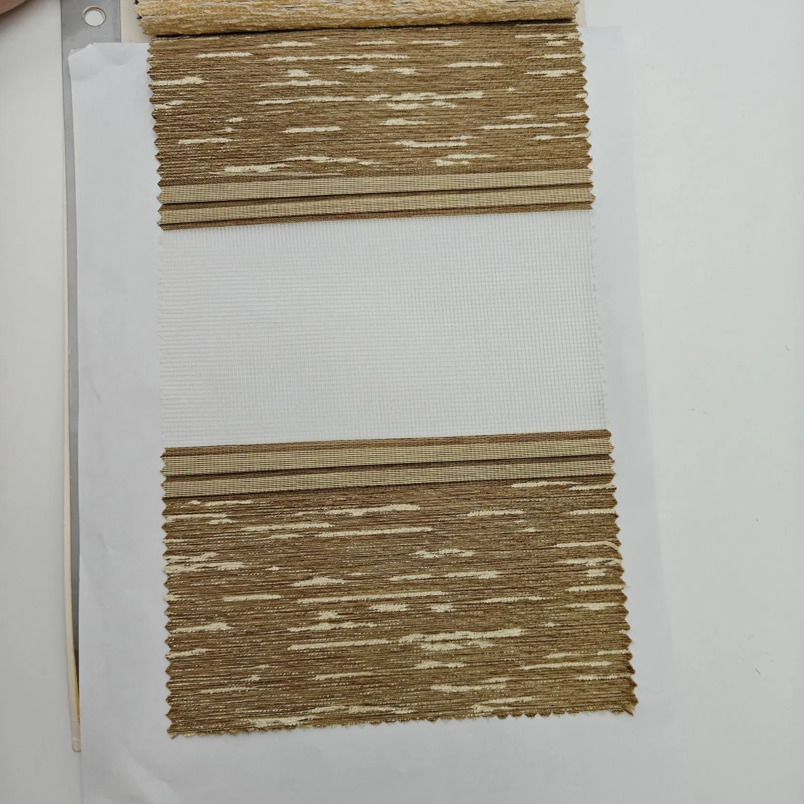 Elegant Vertical Stripe Zebra Blinds Fabric with Brown Splatter Design