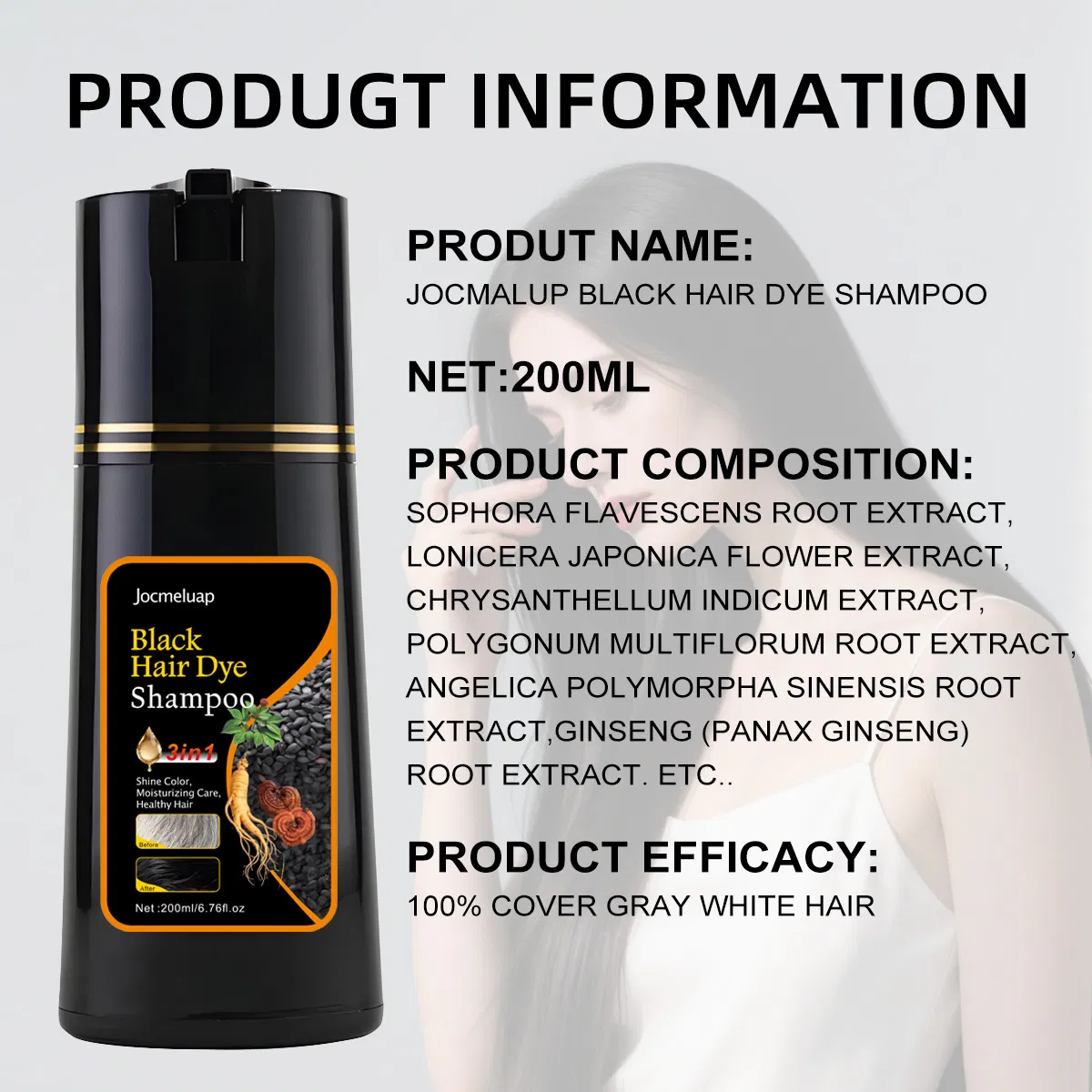 Wholesale Manufacture 200ml Best Herbal 3 in 1 Ginseng Hair Color Shampoo Black Hair Dye Coverage Gray Hair for Home Use