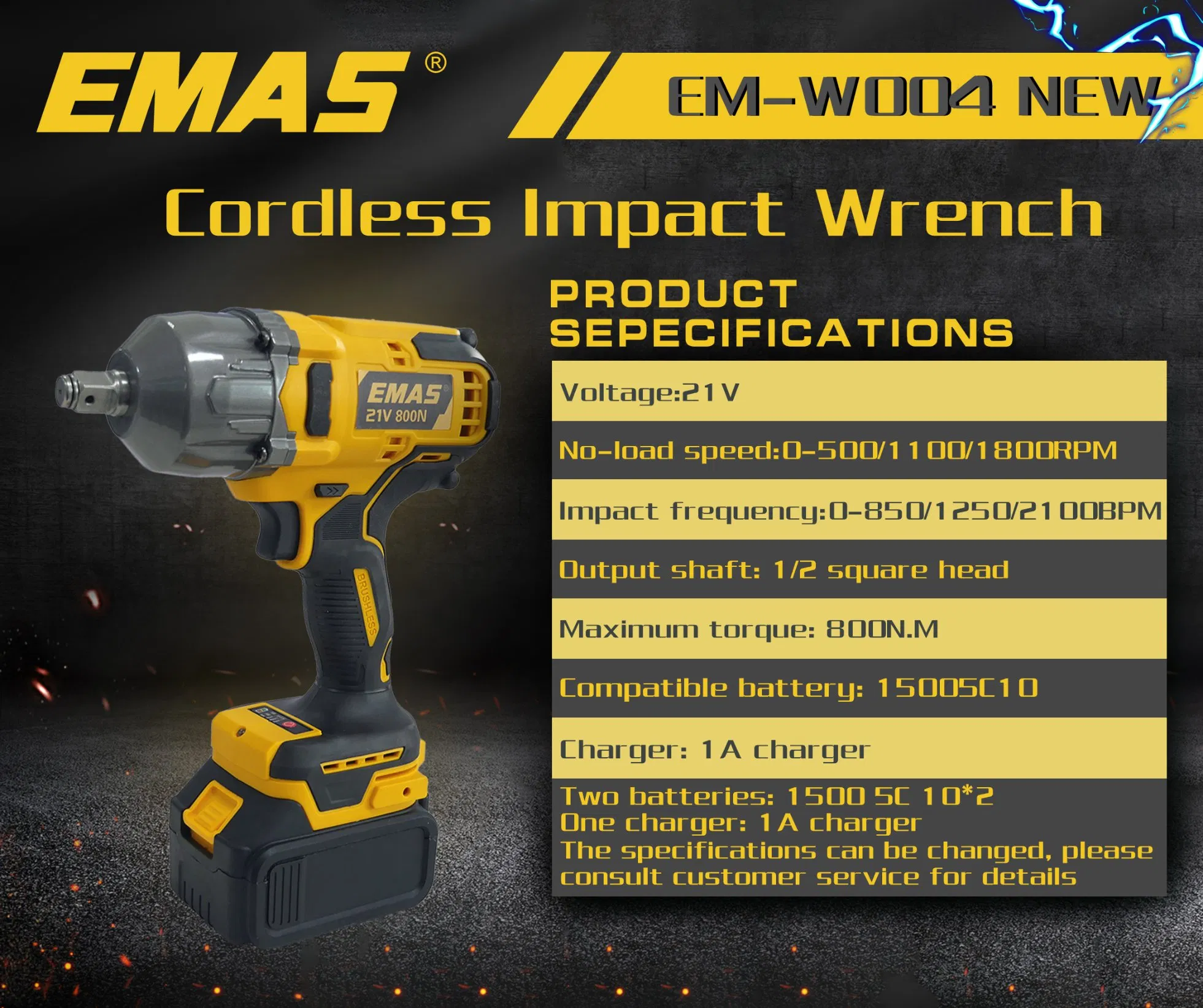 Гайковерт ударный Emas EM-W004 21В 800Нм, 2 аккумулятора