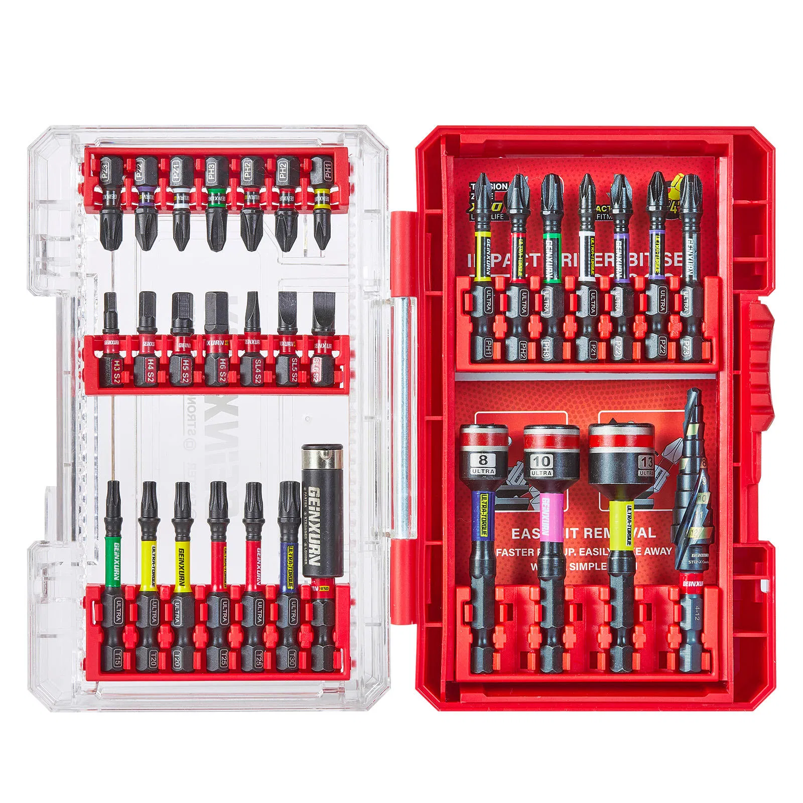 Geinxurn 32PCS Industrial Impact Screwdriver Set 25mm 50mm Nut Driver &65mm Step Drill S2 Steel Phillips Color-Coded Bits