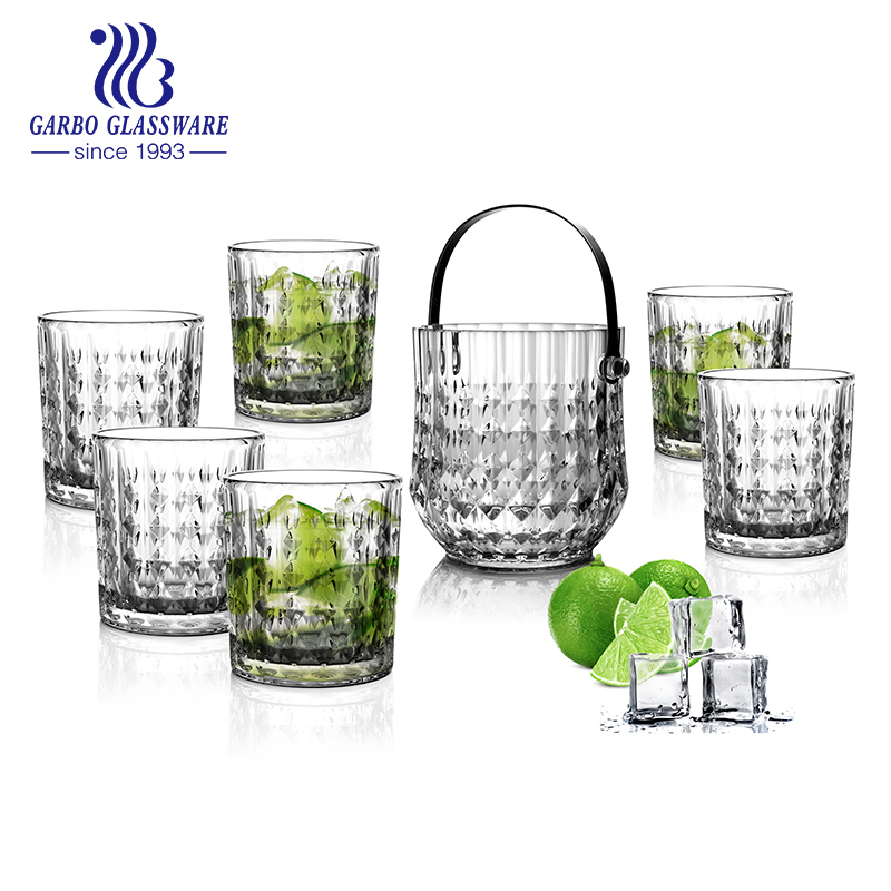 Stock Engraved Glass Ice Bucket with Metal Handle Clip Whisky Cups Sets with Ice Stone Drinking Glassware Buckets Sets
