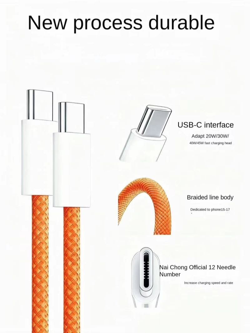 Кабель USB-C 60W оранжевый, нейлоновая оплетка