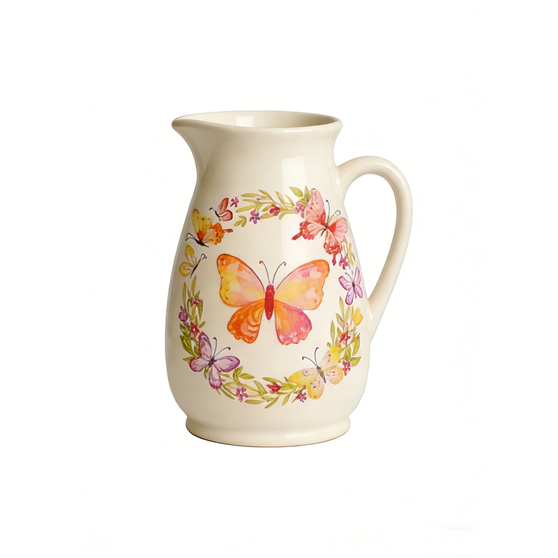 Ceramic Water Pitcher with Hand-Painted Butterfly & Floral Design