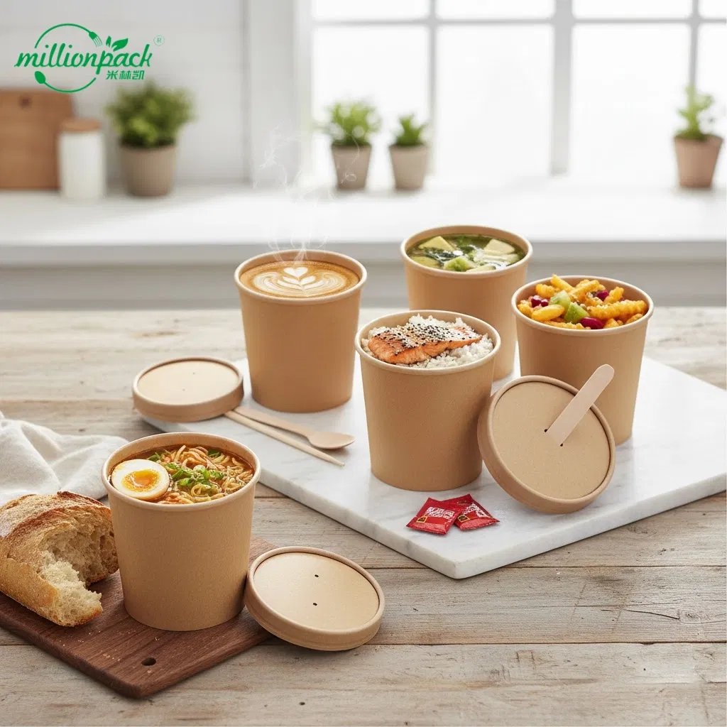 Multi-Compartment Bulk Quantity Kraft Paper Soup Bowl for Side Dish Separation