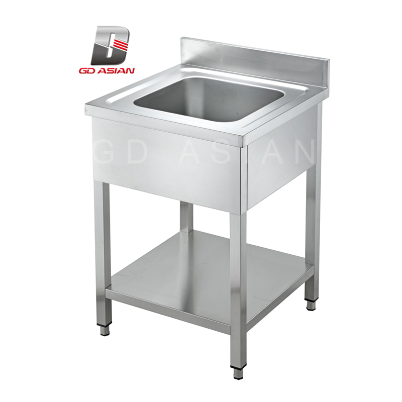 Sink with 2 Right Basins and 1 Left Storage Surface Square Stainless Steel Legs