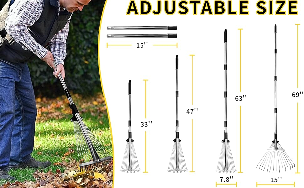 Adjustable Metal-Leaf Rake with Telescopic Handle - Lawn & Garden Tool for Grass & Leaves