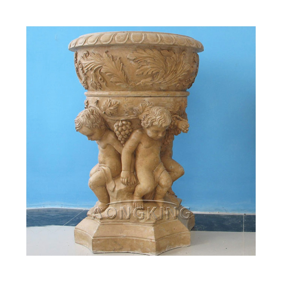 Old Man Face Yellow Marble Flowerpot Sculpture with Simple Square Stand
