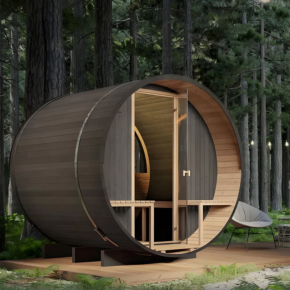 Luxurious Barrel Sauna with Wood Burning Stove for Home Enjoyment