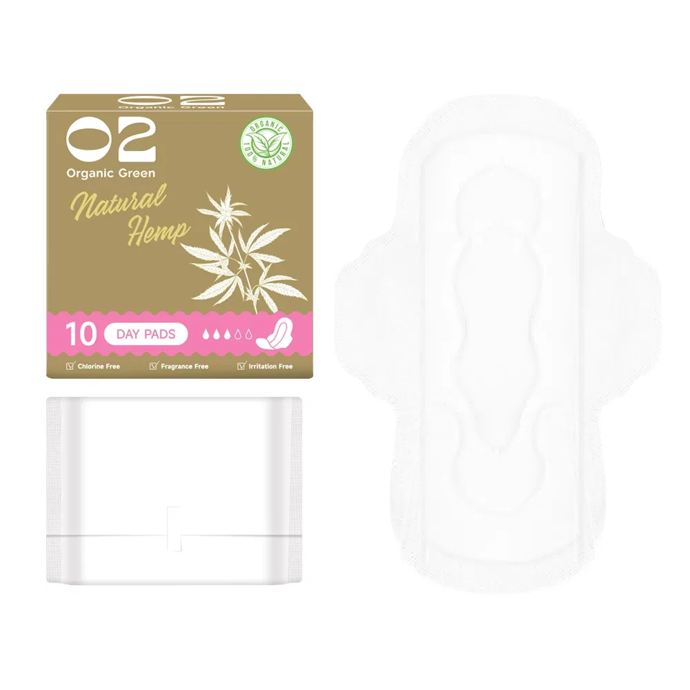 O2 Hot Sell Eco Friendly Natural Hemp Fiber Ultra Thin Super Absorbent Menstrual Period Disposable Sanitary Napkin Women Pad with Wings